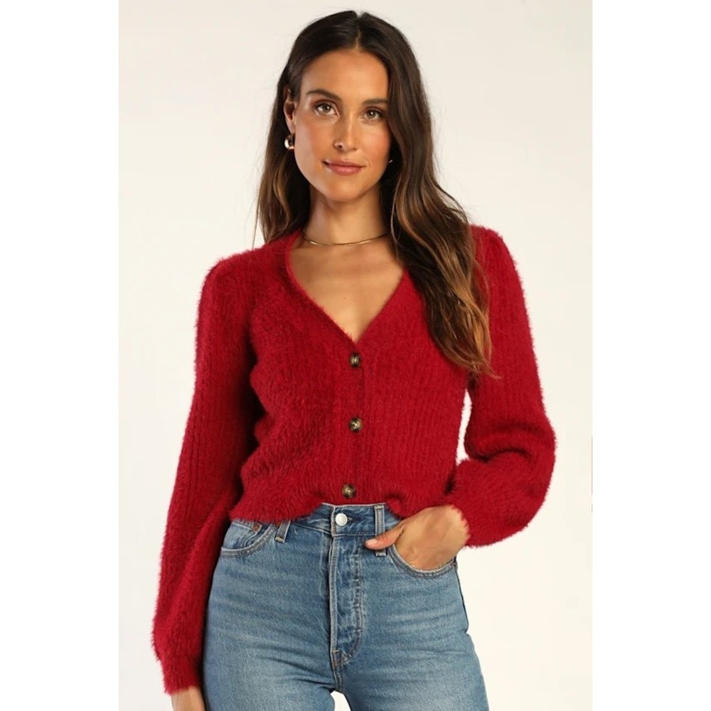Lulus Cozy Touch Wine Red Eyelash Knit Button-Up Cardigan Sweater XS New W/ Tags